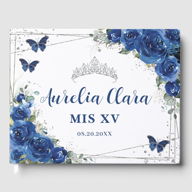 Royal Blue Floral Butterflies QUINCEAÑERA Mis XV Gästebuch (Vorderseite)