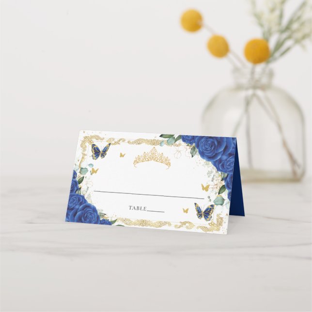 Royal Blue Floral Butterflies Quinceañera Sweet 16 Platzkarte (Vorderseite)
