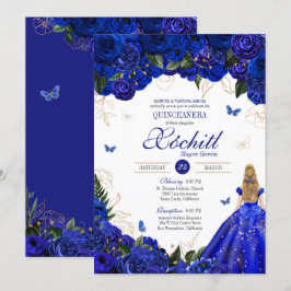 Royal Blue Floral Butterfly Elegante Quinceañera Einladung