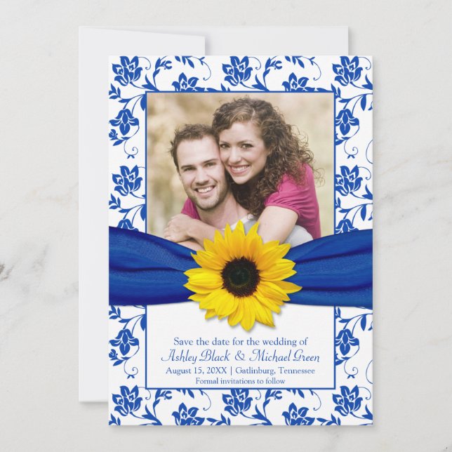 Royal Blue Floral Damask Sunflower Save the Date (Vorderseite)