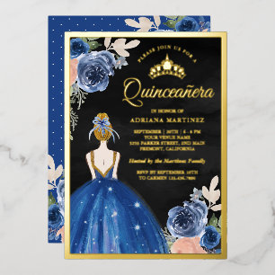 Royal Blue Floral Dress Black Quinceanera Gold Folieneinladung
