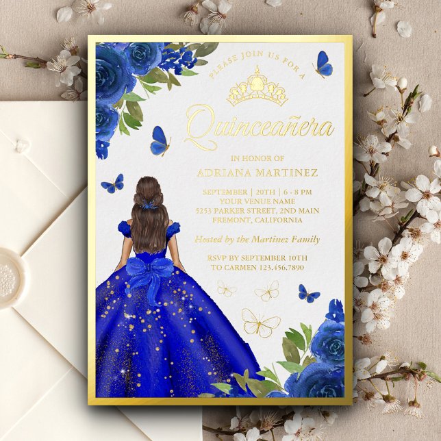 Royal Blue Floral Dress Butterfly Quinceanera Gold Folieneinladung (Von Creator hochgeladen)