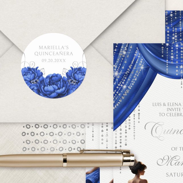 Royal Blue Floral Elegante Quinceanera Runder Aufkleber (Von Creator hochgeladen)