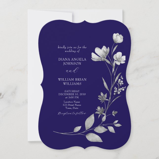 Royal Blue Floral Faire-part de mariage (Devant)