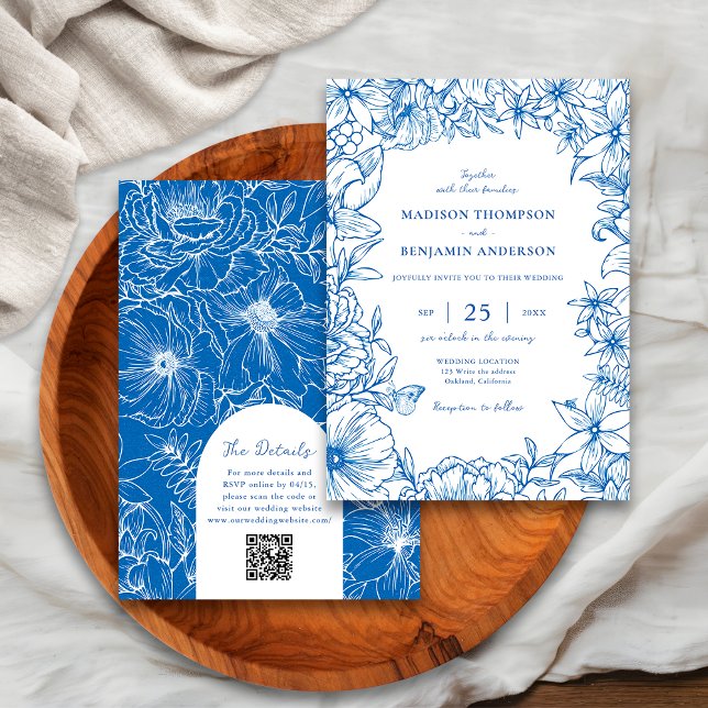 Royal Blue Floral Garden Arch RSVP QR Code Wedding Einladung (Von Creator hochgeladen)