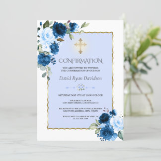 Royal Blue Floral Gold Cross Boy Bestätigung Einladung