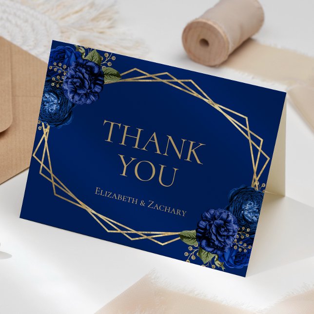 Royal Blue Floral Gold Geometric Wedding Dankeskarte (Von Creator hochgeladen)