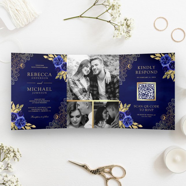 Royal Blue Floral Gold Lace QR Code Wedding Dreifach Gefaltete Einladung (Von Creator hochgeladen)