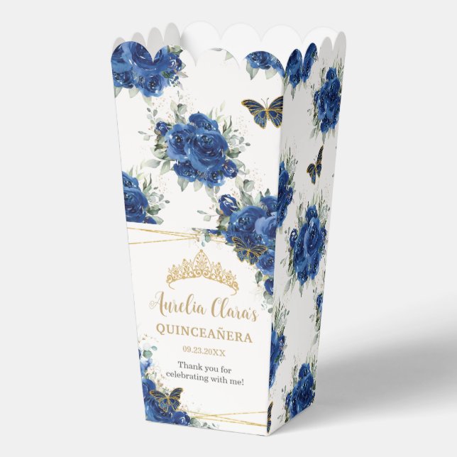 Royal Blue Floral Gold Quinceñera 16 Schmetterling Geschenkschachtel (Vorderseite)