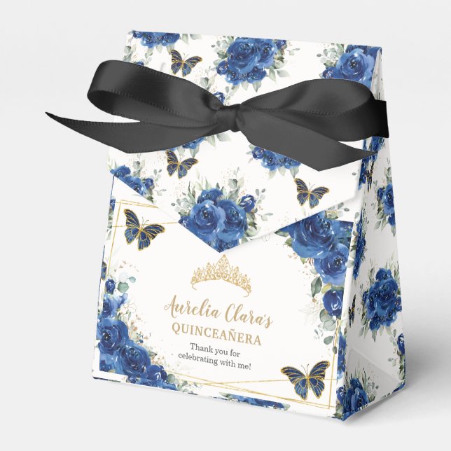 Royal Blue Floral Gold Quinceñera 16 Schmetterling Geschenkschachtel (Vorderseite)