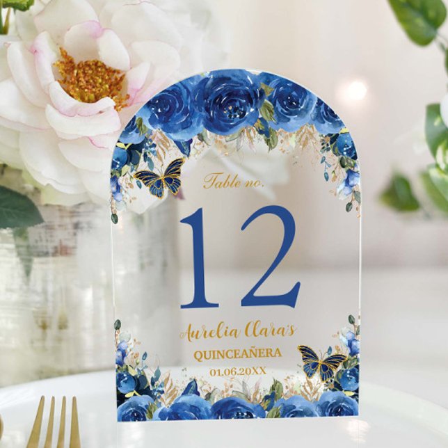 Royal Blue Floral Gold Quinceñera 16 Tischnummern (royal-blue-floral-gold-butterflies-Quinceañera-quince-sweet-16-birthday-arch-acrylic-table-number)