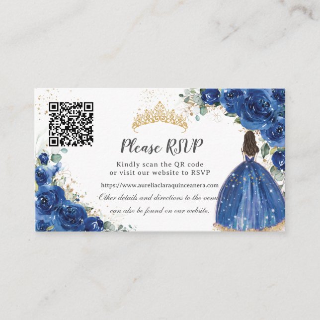 Royal Blue Floral Gold Quinceñera QR Code Begleitkarte (Vorderseite)