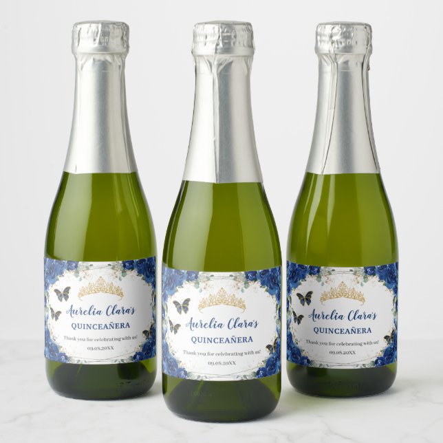 Royal Blue Floral Gold Schmetterlinge Quinceañera (Flaschen)