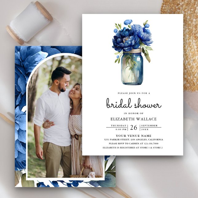 Royal Blue Floral Mason Jar Foto Brautparty Einladung (Von Creator hochgeladen)
