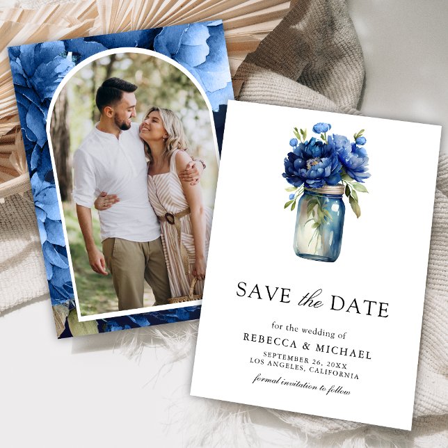 Royal Blue Floral Mason Jar Foto Wedding Save The Date (Von Creator hochgeladen)