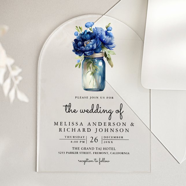 Royal Blue Floral Mason Jar Wedding Acryleinladungen (Von Creator hochgeladen)