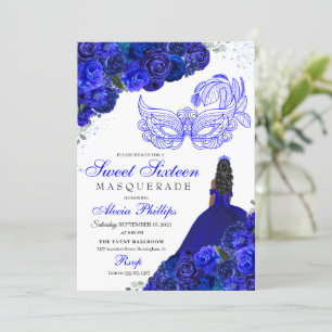 Royal Blue Floral Masquerade Sweet 16 Einladung