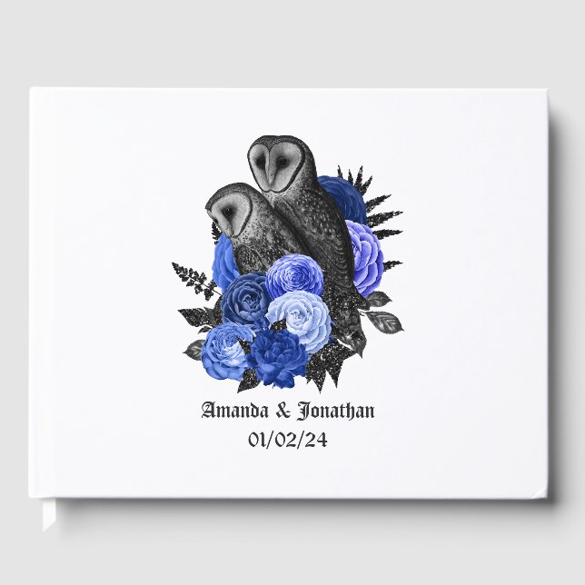 Royal Blue Floral Owls Gothic Wedding Gästebuch (Vorderseite)