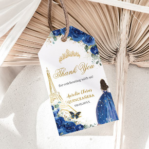Royal Blue Floral Paris Gold Quinceañera Birthday Geschenkanhänger