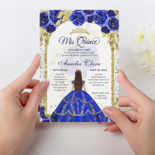 Royal Blue Floral Princess Gold Arch Quinceanera Einladung