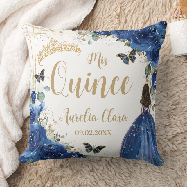 Royal Blue Floral Princess Gold Quinceañera Kissen (Decke)