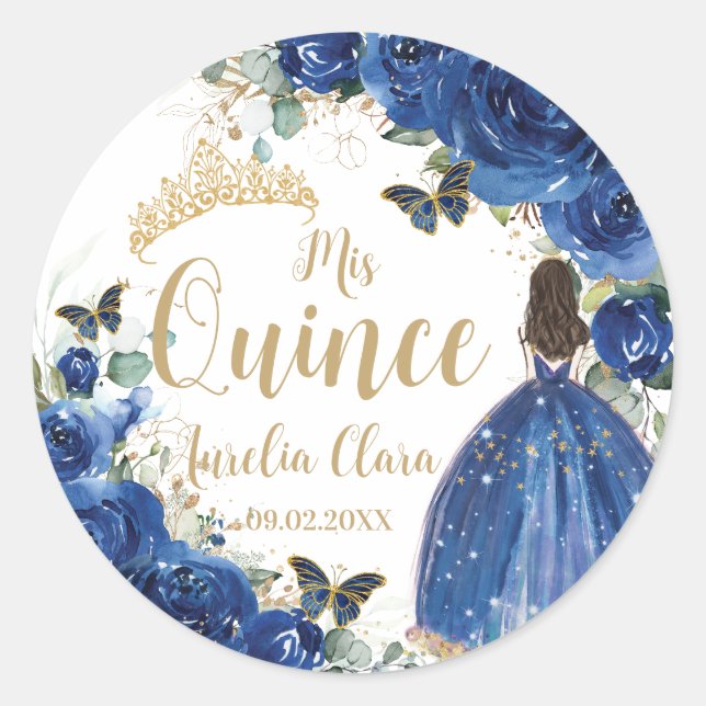 Royal Blue Floral Princess Gold Quinceañera Quince Runder Aufkleber (Vorderseite)
