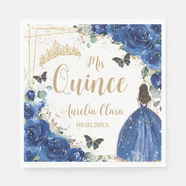Royal Blue Floral Princess Gold Quinceñera 16 15 Serviette (Vorderseite)