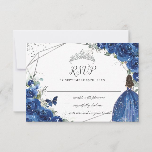 Royal Blue Floral Princess Gown Silver Quinceañera RSVP Karte (Vorderseite)