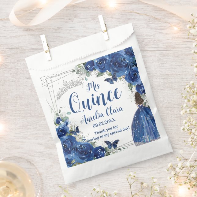 Royal Blue Floral Princess Silver Quinceañera Geschenktütchen (Ausgeschnitten)