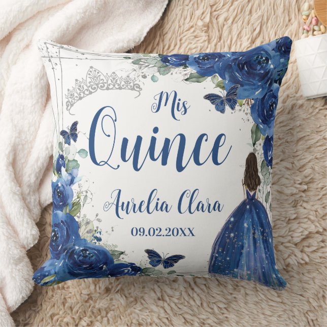 Royal Blue Floral Princess Silver Quinceañera Kissen (Decke)