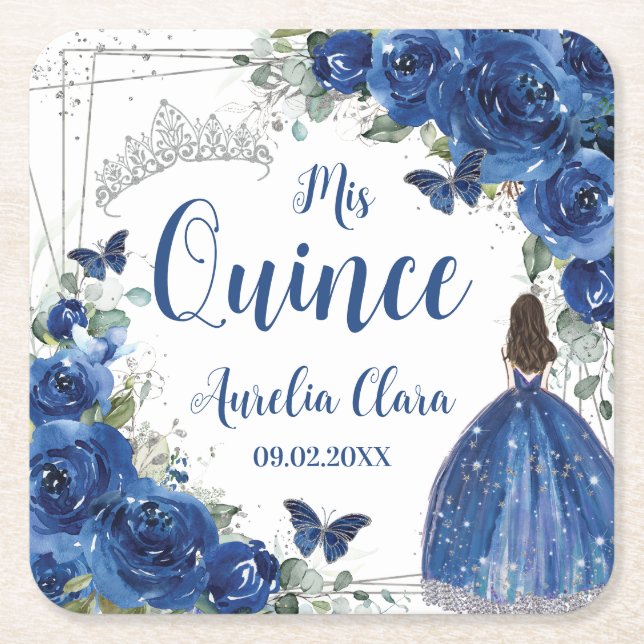 Royal Blue Floral Princess Silver Quinceañera Rechteckiger Pappuntersetzer (Vorderseite)