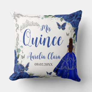 Royal Blue Floral Princess Silver XV Quinceañera Kissen
