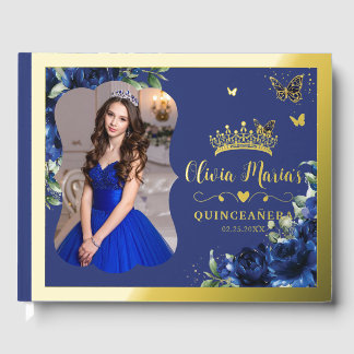 Royal Blue Floral Quinceanera 15 Sweet 16 Photo Gästebuch