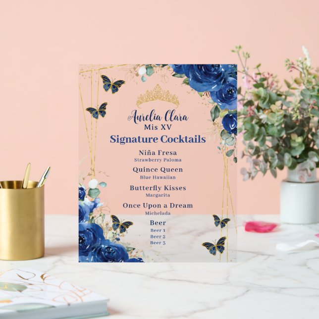 Royal Blue Floral Quinceanera Bar Boisson Menu (Mariage)