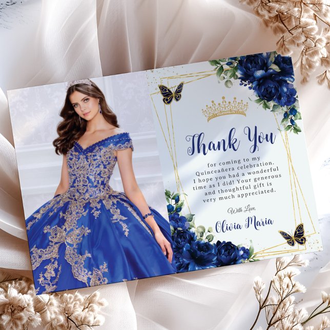 Royal Blue Floral Quinceañera Butterflies Picture Dankeskarte (Von Creator hochgeladen)