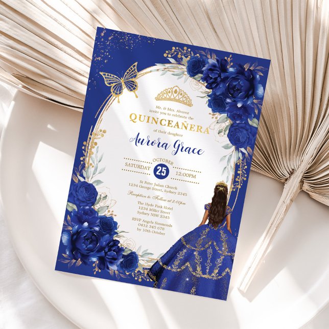 Royal Blue Floral Quinceañera Butterfly Mis Quince Einladung (Von Creator hochgeladen)