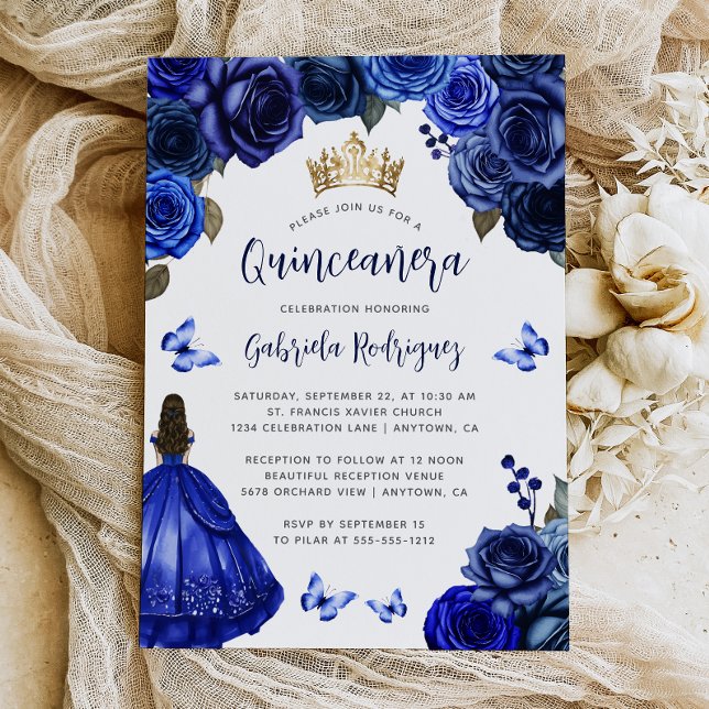 Royal Blue Floral Quinceañera Einladung (Von Creator hochgeladen)