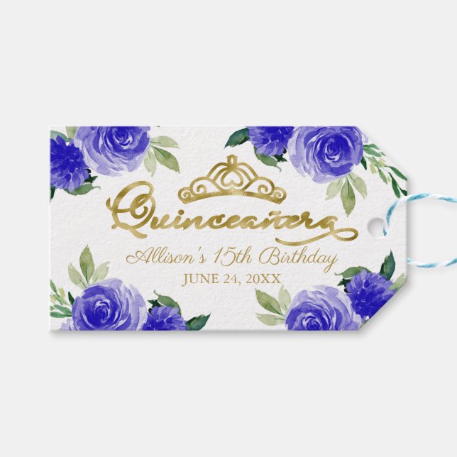 Royal Blue Floral Quinceanera Geschenkanhänger (Vorderseite (Horizontal))