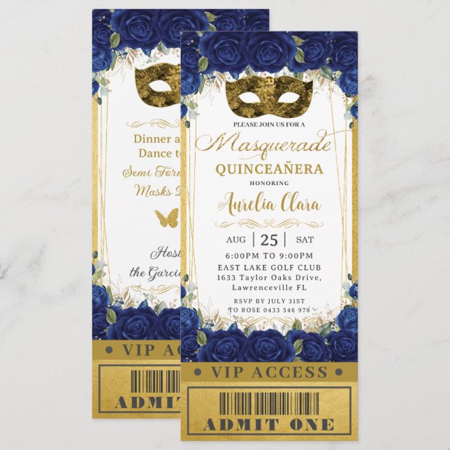 Royal Blue Floral Quinceañera Masquerade Ticket Einladung (Vorne/Hinten)