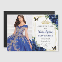 Royal Blue Floral Quinceañera Photo Faire-Part de