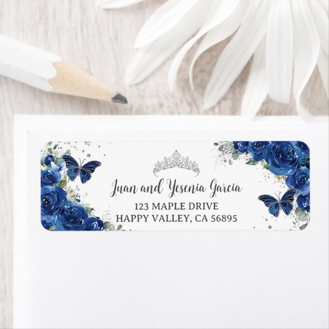 Royal Blue Floral Quinceanera Rücksendeadresse (Insitu)