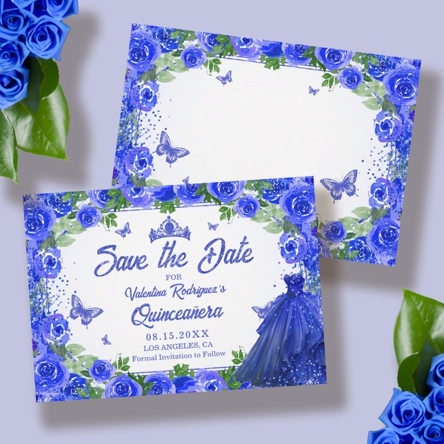 Royal Blue Floral Quinceanera Save the Date (Blue Floral Quinceanera Save the Date)