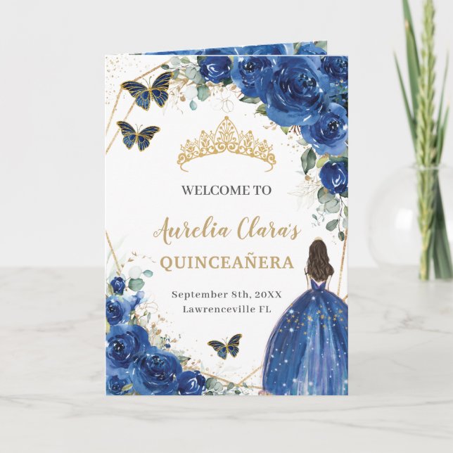 Royal Blue Floral Quinceñera Princess Padrinos Programm (Vorderseite)