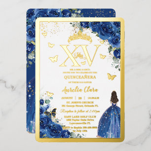Royal Blue Floral Quinceñera Quince 15 XV Gold Folieneinladung