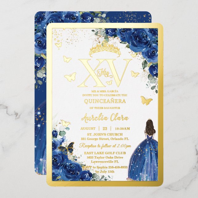 Royal Blue Floral Quinceñera Quince 15 XV Gold Folieneinladung (Vorderseite/Rückseite)