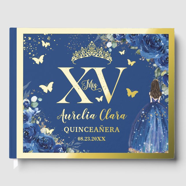 Royal Blue Floral Quinceñera Quince 15 XV Gold Gästebuch (Vorderseite)