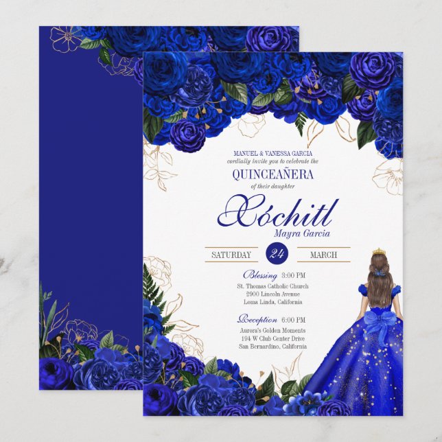 Royal Blue Floral Rose Elegante Quinceñera Einladung (Vorne/Hinten)
