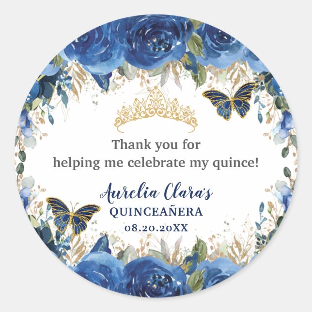 Royal Blue Floral Rose Gold Butterfly Crown Runder Aufkleber (Vorderseite)