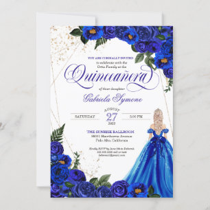 Royal Blue Floral Rose & Gold Elegante Einladung