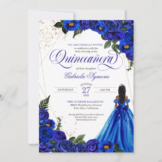 Royal Blue Floral Rose & Gold Elegante Einladung (Vorderseite)